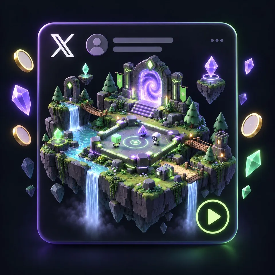 A game inside a post on X: a floating island with a portal, coins and crystals, and a play button